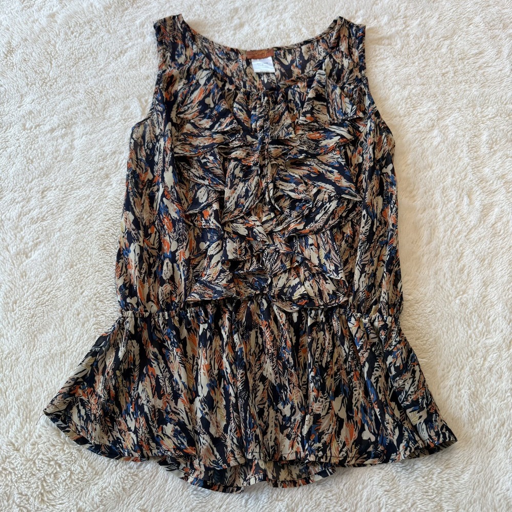 Scully Sleeveless Ruffle Blouse - Navy & Peach feathers boho summer Western M